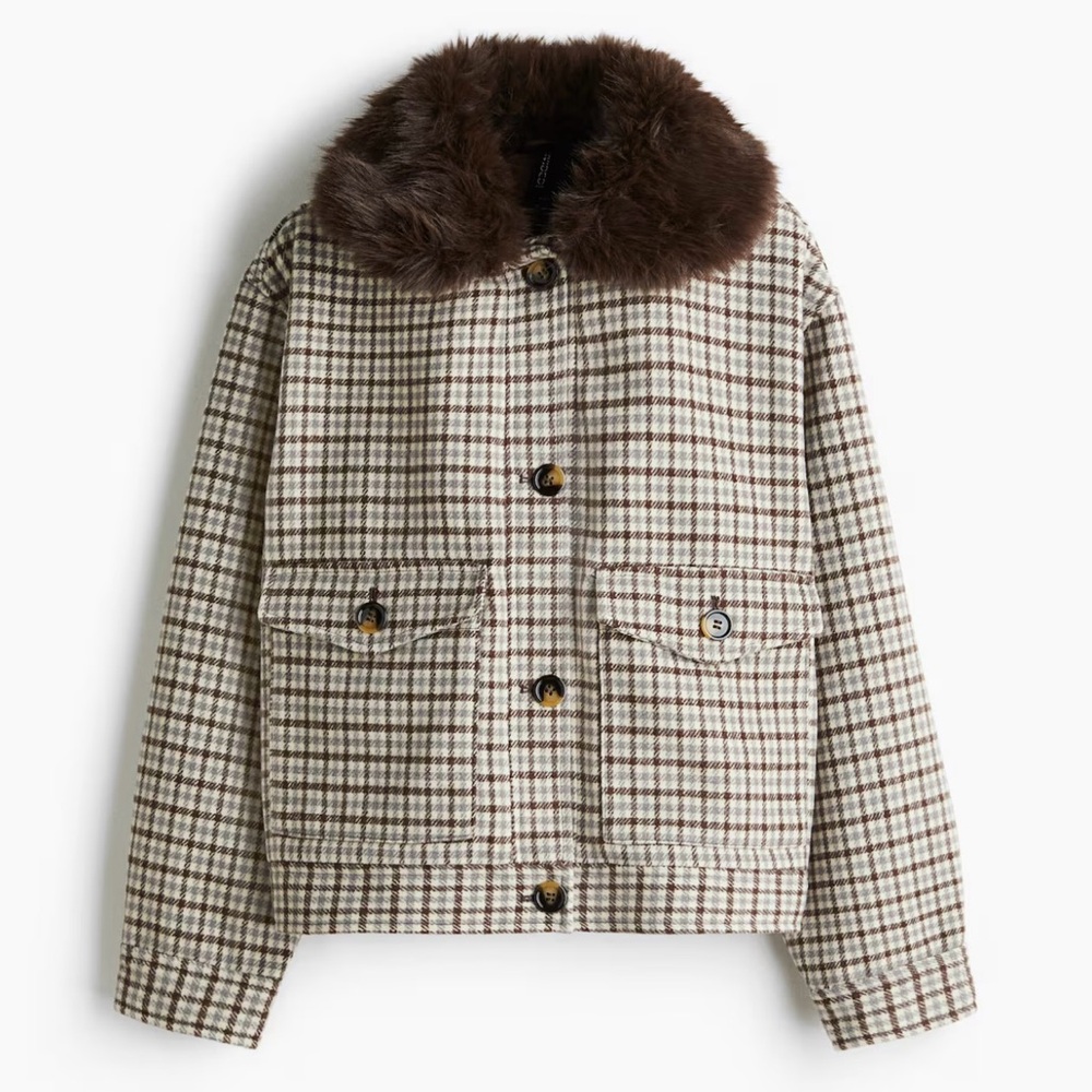 Plaid Brown Fur Collar Jacket NWT